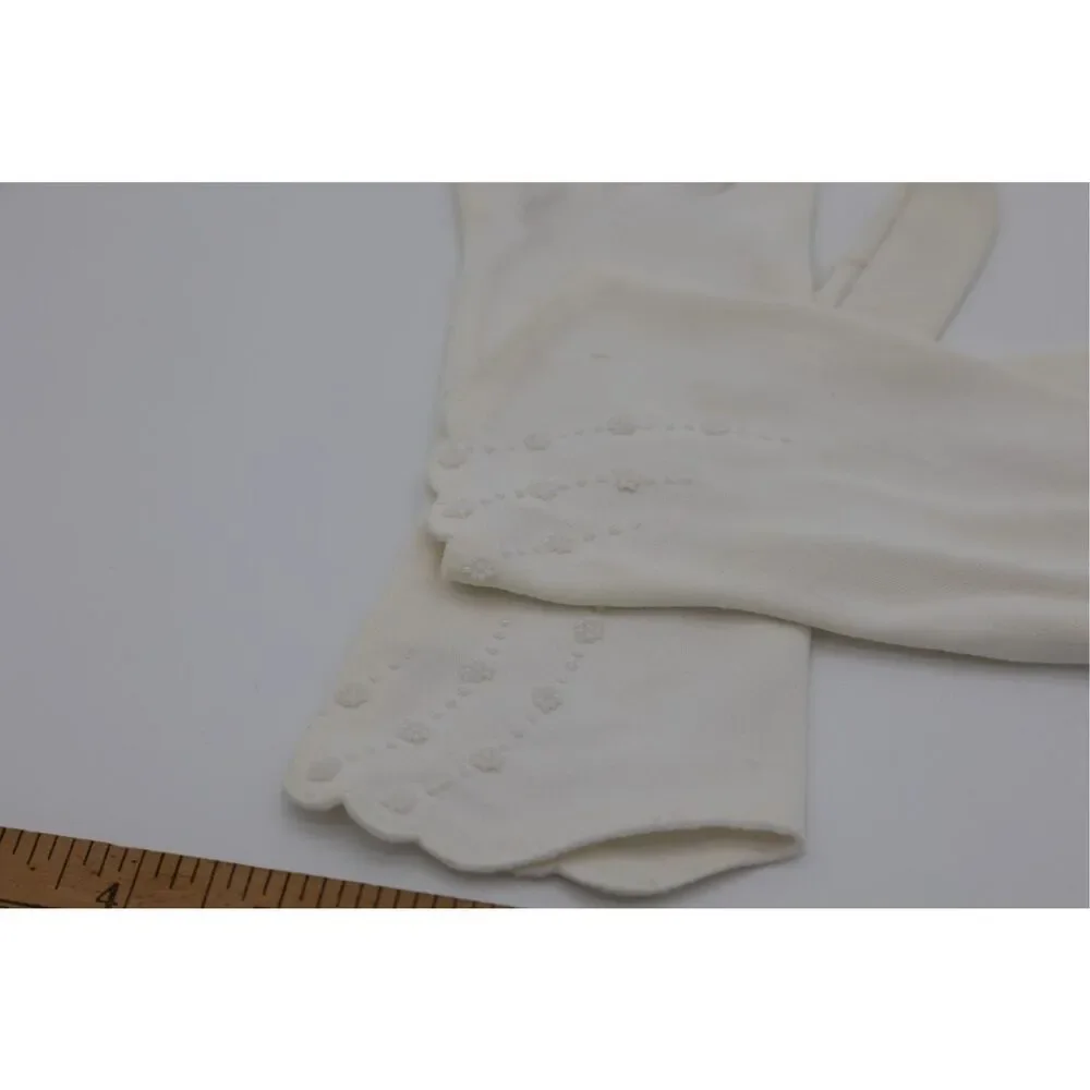 Vintage Hand Beaded White Dress Gloves Scalloped‎ Wrist Bridal 9.5”